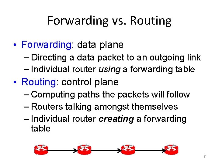 Forwarding vs. Routing • Forwarding: data plane – Directing a data packet to an