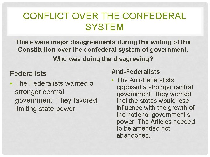 CONFLICT OVER THE CONFEDERAL SYSTEM There were major disagreements during the writing of the