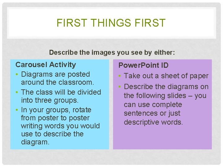 FIRST THINGS FIRST Describe the images you see by either: Carousel Activity • Diagrams