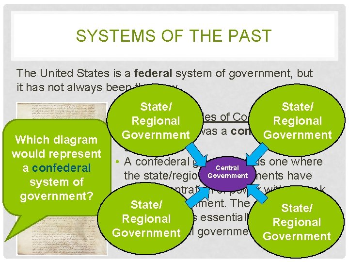 SYSTEMS OF THE PAST The United States is a federal system of government, but
