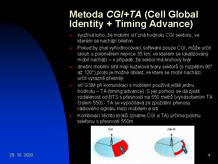 Metoda CGI+TA (Cell Global Identity + Timing Advance) n n n 25. 10. 2020