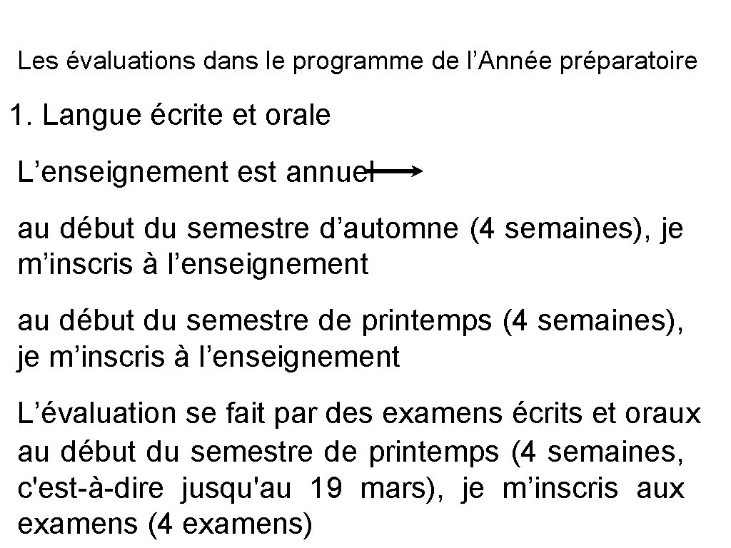 Les évaluations dans le programme de l’Année préparatoire 1. Langue écrite et orale L’enseignement