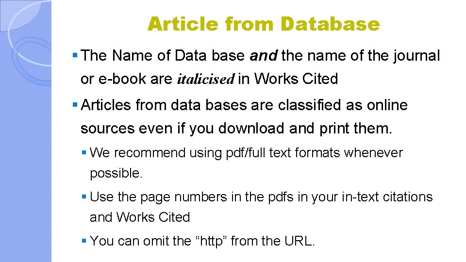 Article from Database § The Name of Data base and the name of the