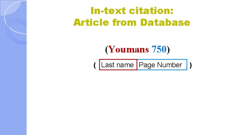 In-text citation: Article from Database (Youmans 750) ( Last name Page Number ) 
