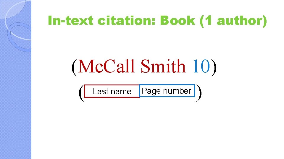 In-text citation: Book (1 author) (Mc. Call Smith 10) ( Last name Page number
