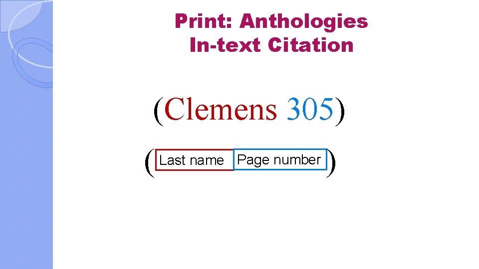 Print: Anthologies In-text Citation (Clemens 305) ( Last name Page number ) 