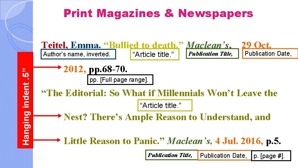 Print Magazines & Newspapers Teitel, Emma. “Bullied to death. ” Maclean’s, Hanging indent. 5”