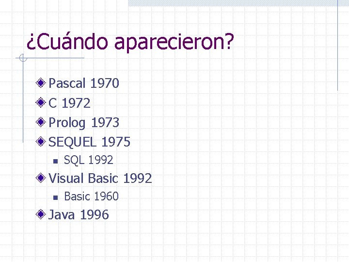 ¿Cuándo aparecieron? Pascal 1970 C 1972 Prolog 1973 SEQUEL 1975 n SQL 1992 Visual