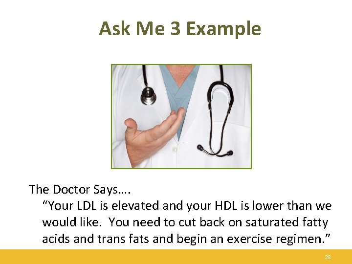 Ask Me 3 Example The Doctor Says…. “Your LDL is elevated and your HDL