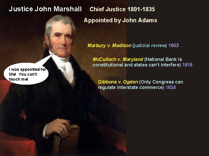 Justice John Marshall Chief Justice 1801 -1835 Appointed by John Adams Marbury v. Madison
