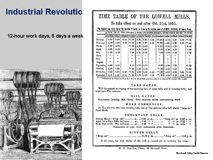 Industrial Revolution in New England textile mill in Lowell, Mass. 12 -hour work days,