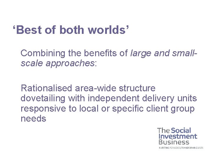 ‘Best of both worlds’ Combining the benefits of large and smallscale approaches: Rationalised area-wide