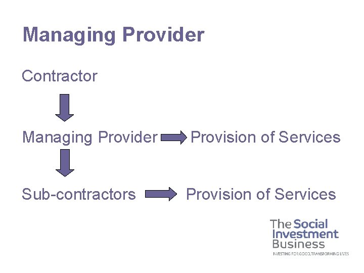 Managing Provider Contractor Managing Provider Provision of Services Sub-contractors Provision of Services 