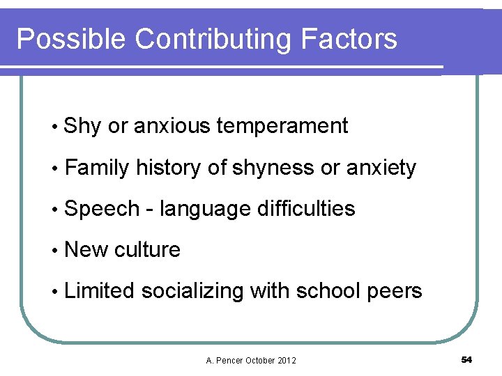 Possible Contributing Factors • Shy or anxious temperament • Family history of shyness or