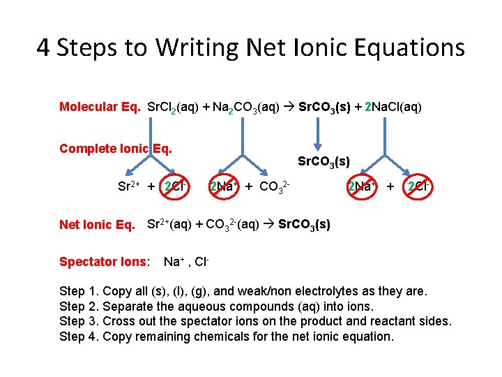 4 Steps to Writing Net Ionic Equations Molecular Eq. Sr. Cl 2(aq) + Na