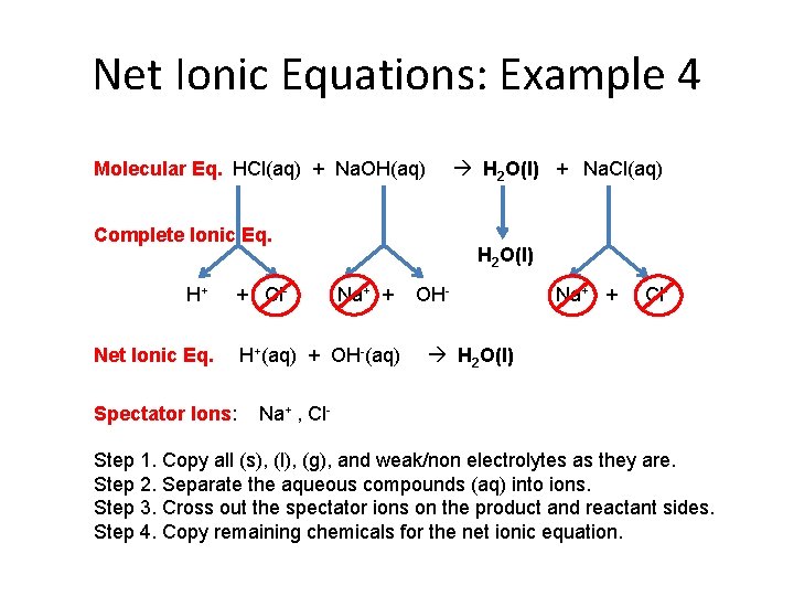 Net Ionic Equations: Example 4 Molecular Eq. HCl(aq) + Na. OH(aq) H 2 O(l)