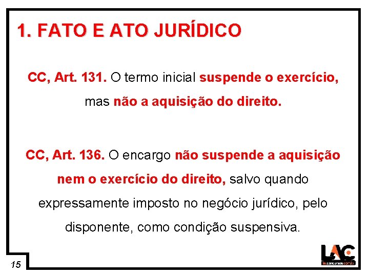 15 1. FATO E ATO JURÍDICO CC, Art. 131. O termo inicial suspende o