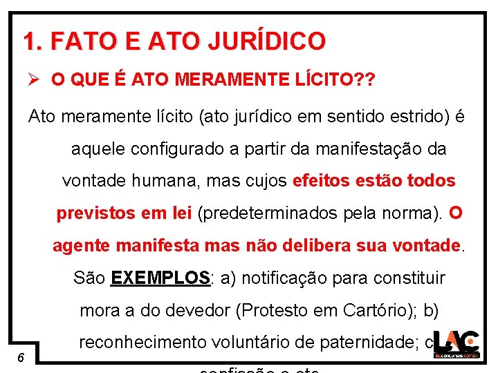 6 1. FATO E ATO JURÍDICO Ø O QUE É ATO MERAMENTE LÍCITO? ?