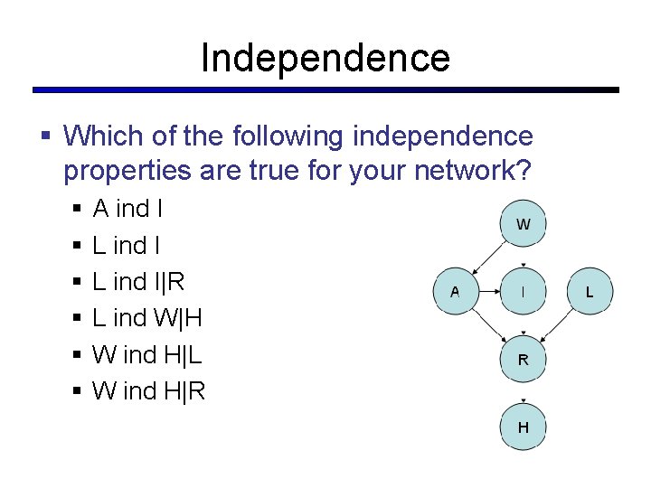Independence § Which of the following independence properties are true for your network? §