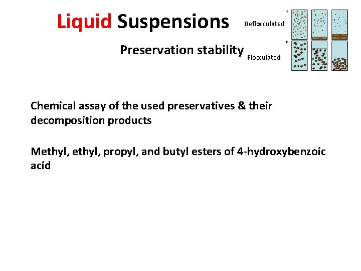 Liquid Suspensions Deflocculated Preservation stability Flocculated Chemical assay of the used preservatives & their