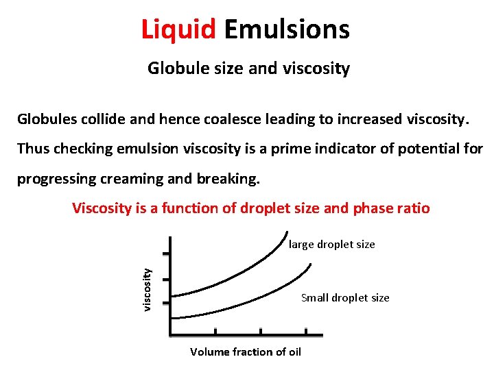 Liquid Emulsions Globule size and viscosity Globules collide and hence coalesce leading to increased
