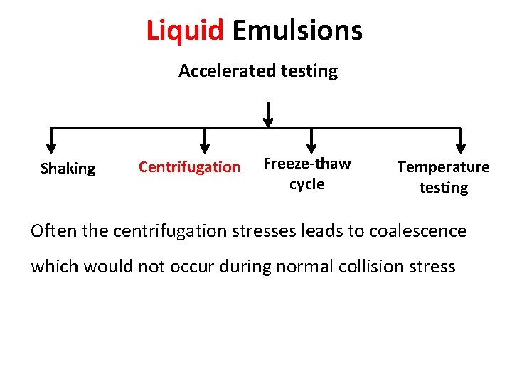 Liquid Emulsions Accelerated testing Shaking Centrifugation Freeze-thaw cycle Temperature testing Often the centrifugation stresses