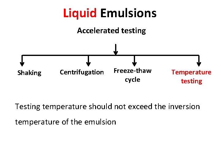 Liquid Emulsions Accelerated testing Shaking Centrifugation Freeze-thaw cycle Temperature testing Testing temperature should not