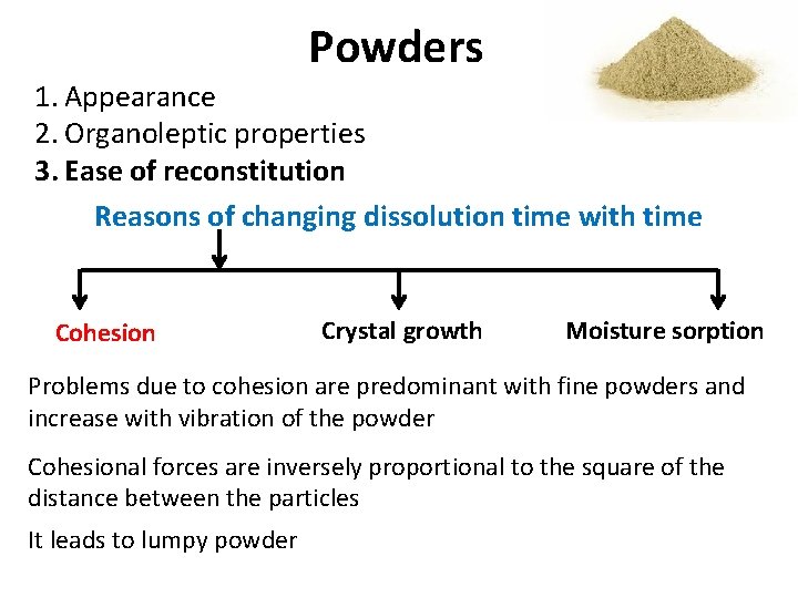 Powders 1. Appearance 2. Organoleptic properties 3. Ease of reconstitution Reasons of changing dissolution