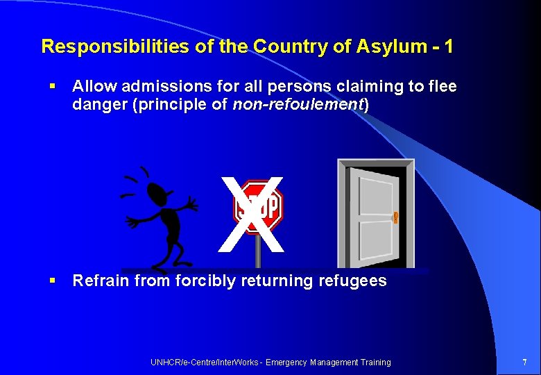 Responsibilities of the Country of Asylum - 1 § Allow admissions for all persons