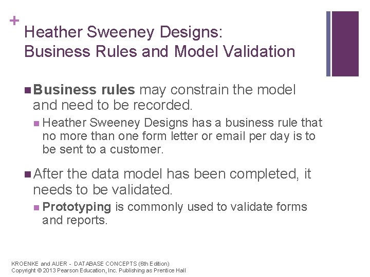 + Heather Sweeney Designs: Business Rules and Model Validation n Business rules may constrain