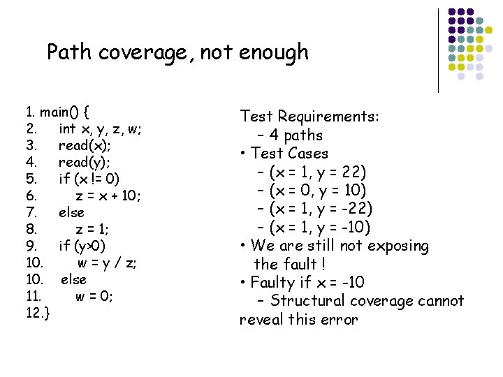 Path coverage, not enough 1. main() { 2. int x, y, z, w; 3.