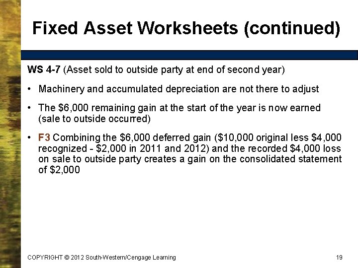 Fixed Asset Worksheets (continued) WS 4 -7 (Asset sold to outside party at end