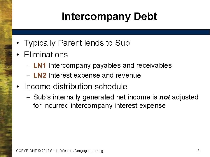 Intercompany Debt • Typically Parent lends to Sub • Eliminations – LN 1 Intercompany