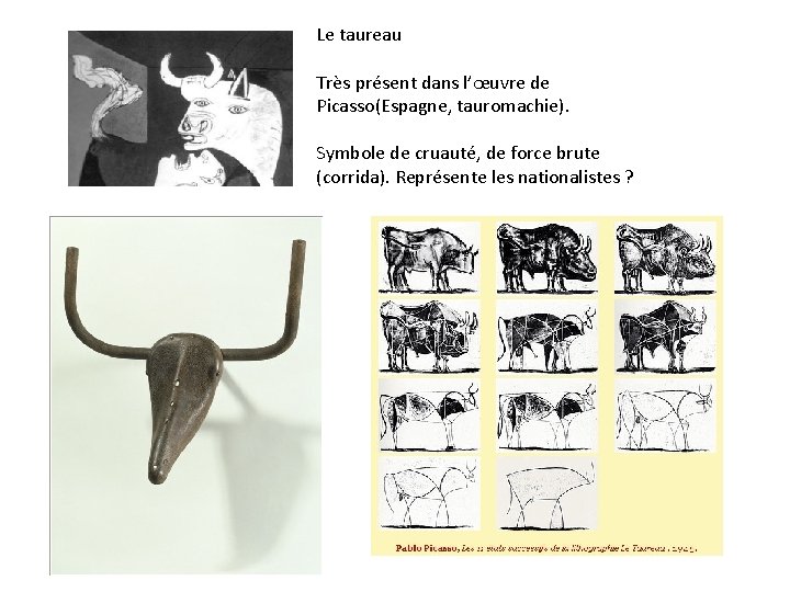 Le taureau Très présent dans l’œuvre de Picasso(Espagne, tauromachie). Symbole de cruauté, de force