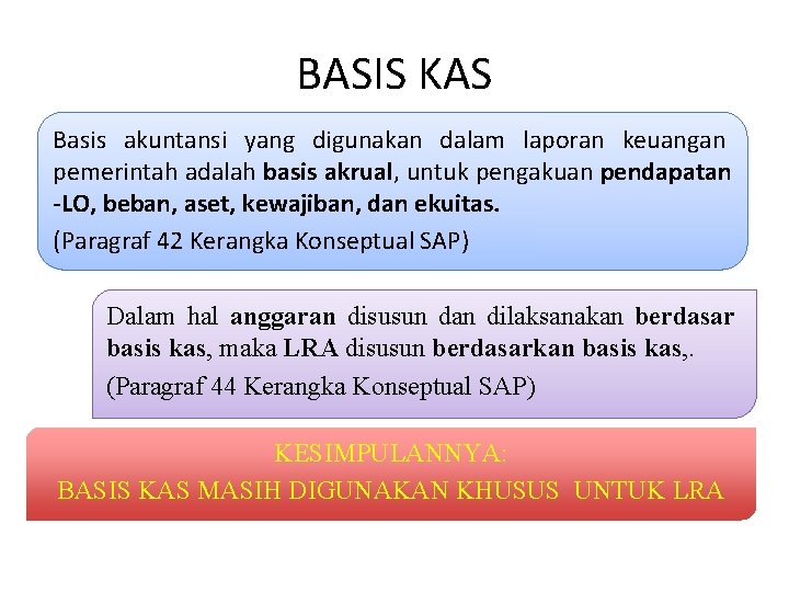 BASIS KAS Basis akuntansi yang digunakan dalam laporan keuangan pemerintah adalah basis akrual, untuk