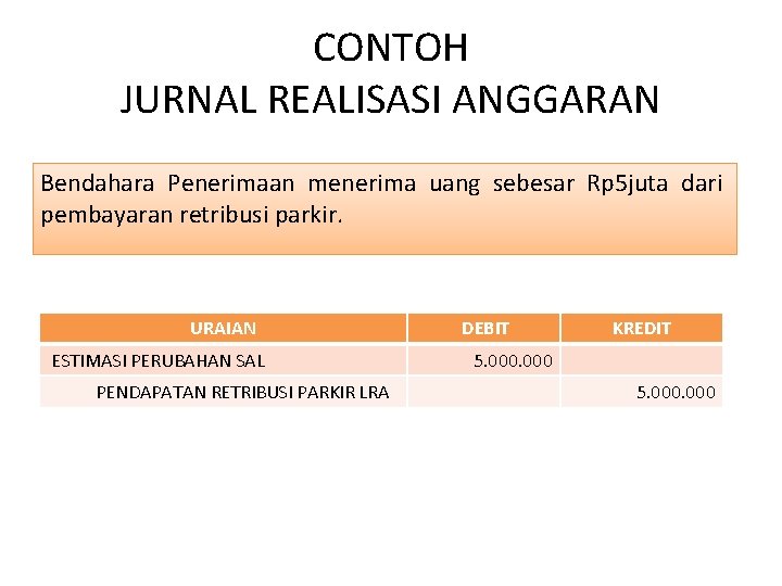 CONTOH JURNAL REALISASI ANGGARAN Bendahara Penerimaan menerima uang sebesar Rp 5 juta dari pembayaran