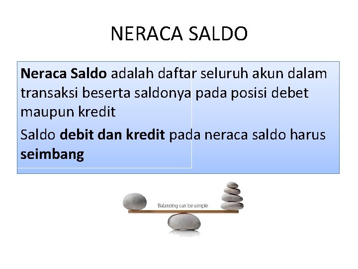 NERACA SALDO Neraca Saldo adalah daftar seluruh akun dalam transaksi beserta saldonya pada posisi