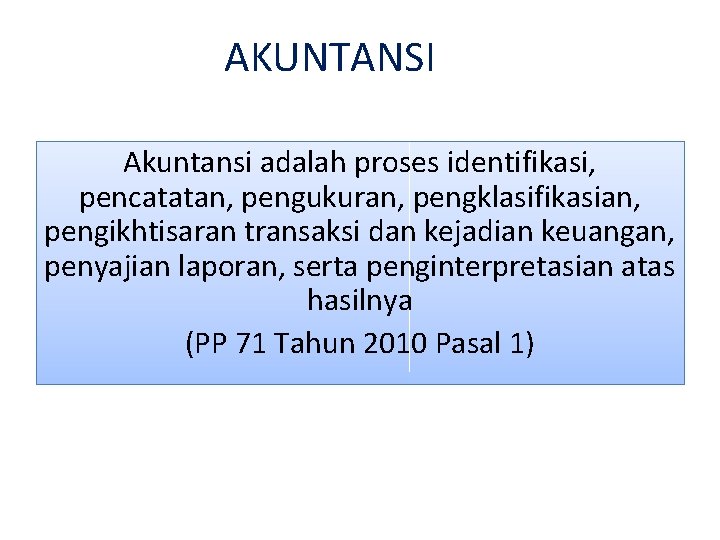 AKUNTANSI Akuntansi adalah proses identifikasi, pencatatan, pengukuran, pengklasifikasian, pengikhtisaran transaksi dan kejadian keuangan, penyajian