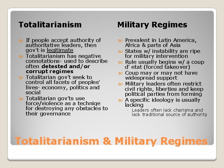 Totalitarianism Military Regimes If people accept authority of authoritative leaders, then gov’t is legitimate