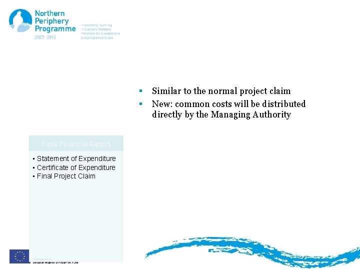 Final Financial Report § Similar to the normal project claim §Final. New: common costs