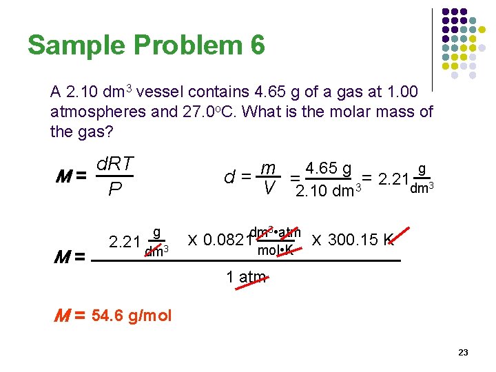 Sample Problem 6 A 2. 10 dm 3 vessel contains 4. 65 g of