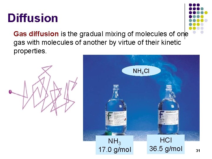Diffusion Gas diffusion is the gradual mixing of molecules of one gas with molecules