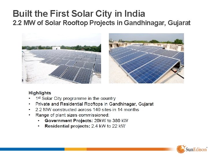 Built the First Solar City in India 2. 2 MW of Solar Rooftop Projects