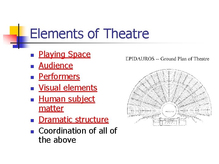 Elements of Theatre n n n n Playing Space Audience Performers Visual elements Human