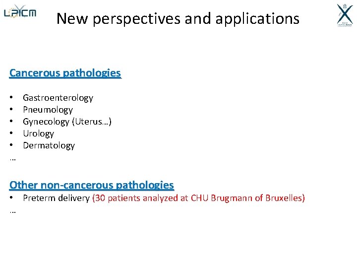 New perspectives and applications Cancerous pathologies • • • … Gastroenterology Pneumology Gynecology (Uterus…)