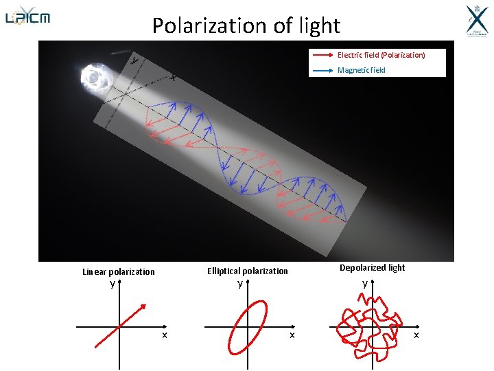 Polarization of light Electric field (Polarization) Magnetic field Depolarized light Elliptical polarization Linear polarization