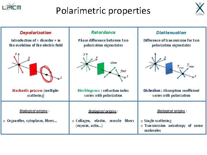 Polarimetric properties Depolarization Retardance Diattenuation Introduction of « disorder » in the evolution of