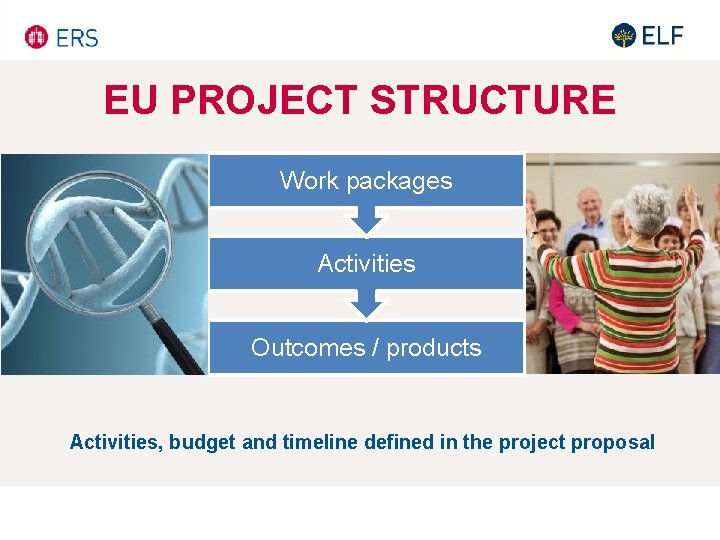 EU PROJECT STRUCTURE Work packages Activities Outcomes / products Activities, budget and timeline defined EU PROJECT STRUCTURE Work packages Activities Outcomes / products Activities, budget and timeline defined