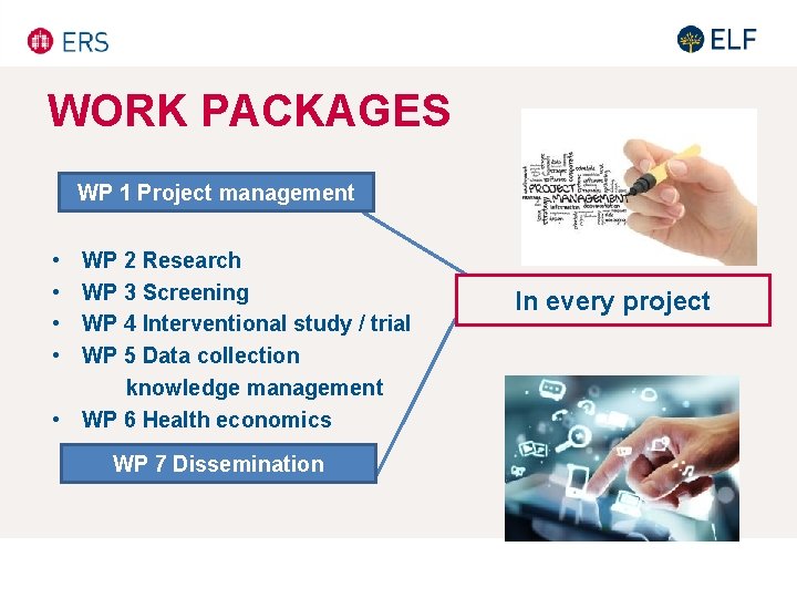 WORK PACKAGES WP 1 Project management • WP 2 Research • WP 3 Screening WORK PACKAGES WP 1 Project management • WP 2 Research • WP 3 Screening