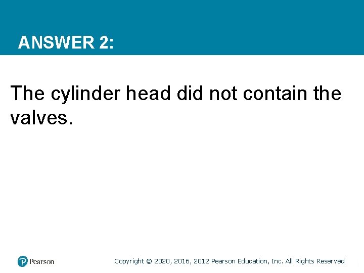 ANSWER 2: The cylinder head did not contain the valves. Copyright © 2020, 2016,